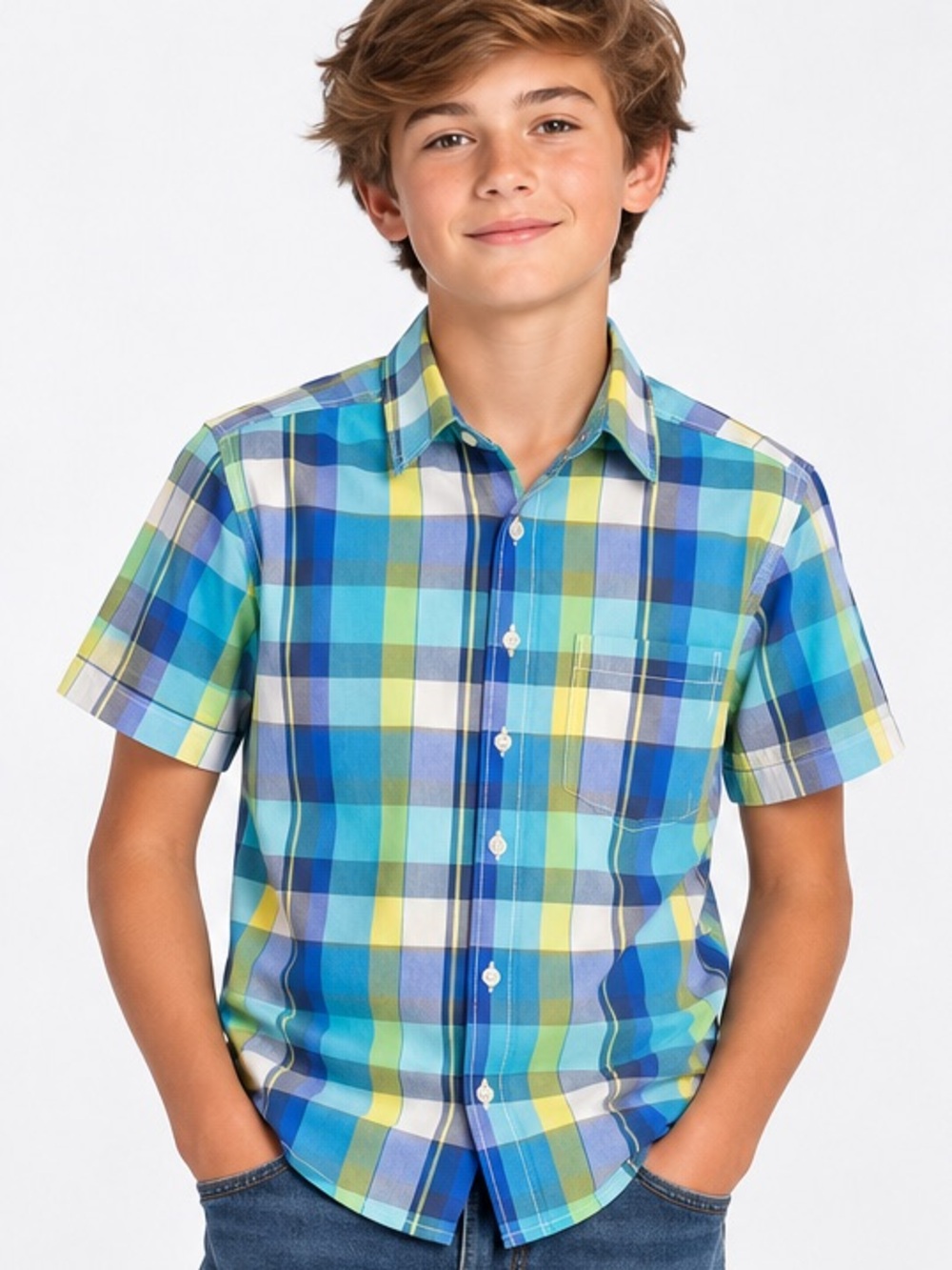 OSHKOSH B’GOSH Size 14 (big kids) Short Sleeve Button-Down Plaid Blue Shirt NWT